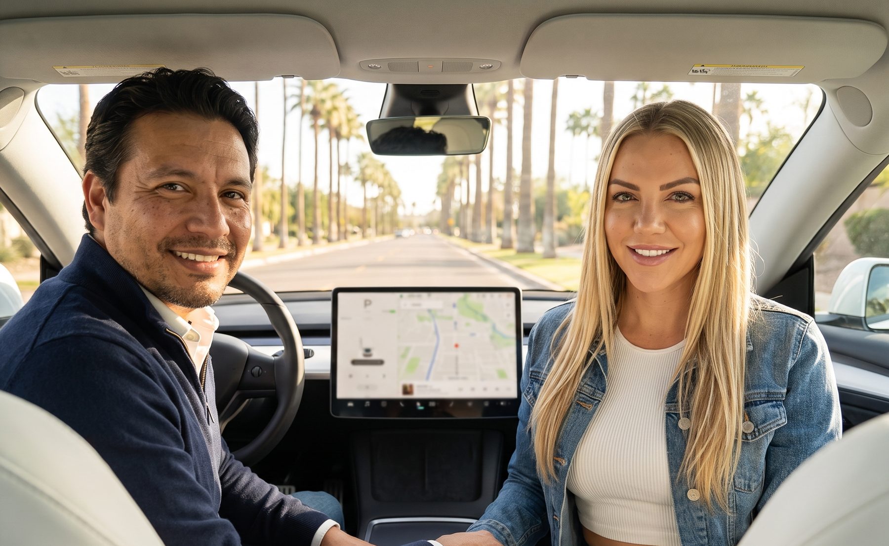 Mark Ellis and Veronica, the AI hosts of Driver's Minute, in a white Tesla